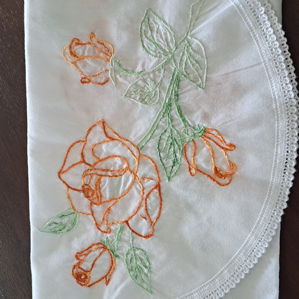 Hand Embroidered Table, Piano, Dresser Runner Greens & Oranges 15"×40" Grandma c